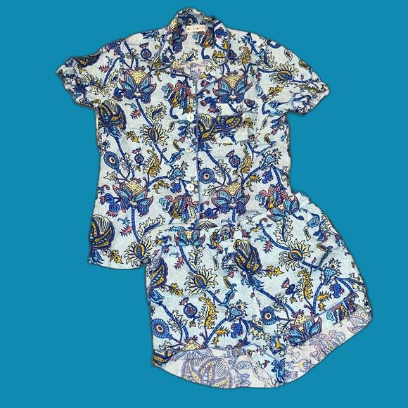 Roller Rabbit Blue Amanda Linen Lulu Set Polo Pajamas Paisley Print - Picture 1 of 10